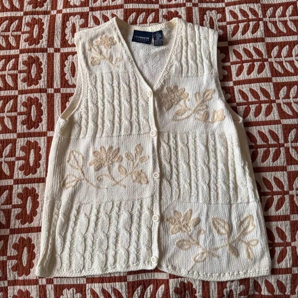 Vintage Liz Claiborne Button Up Cream Knit Vest P Medium